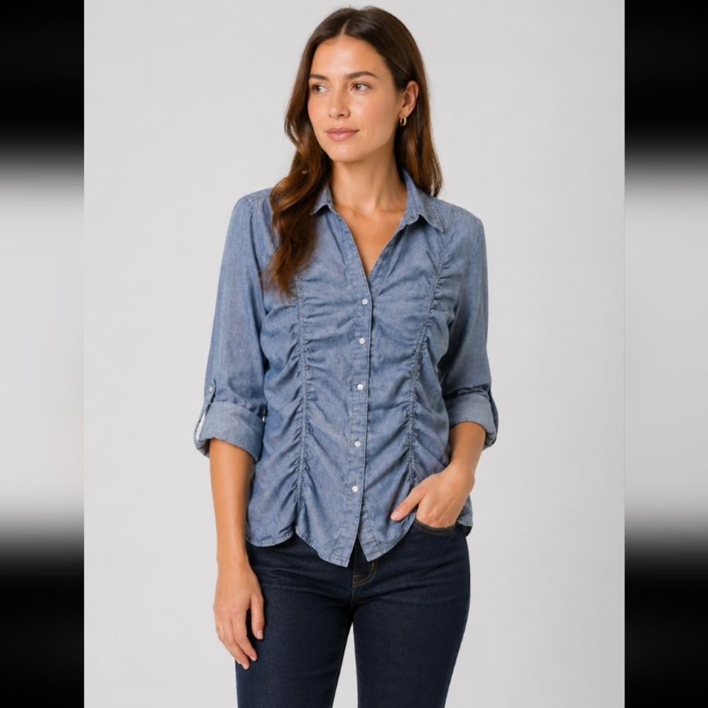 STYLE & CO 100% Cotton Pearl Snap Button Ruched Fold Over Sleeve 4